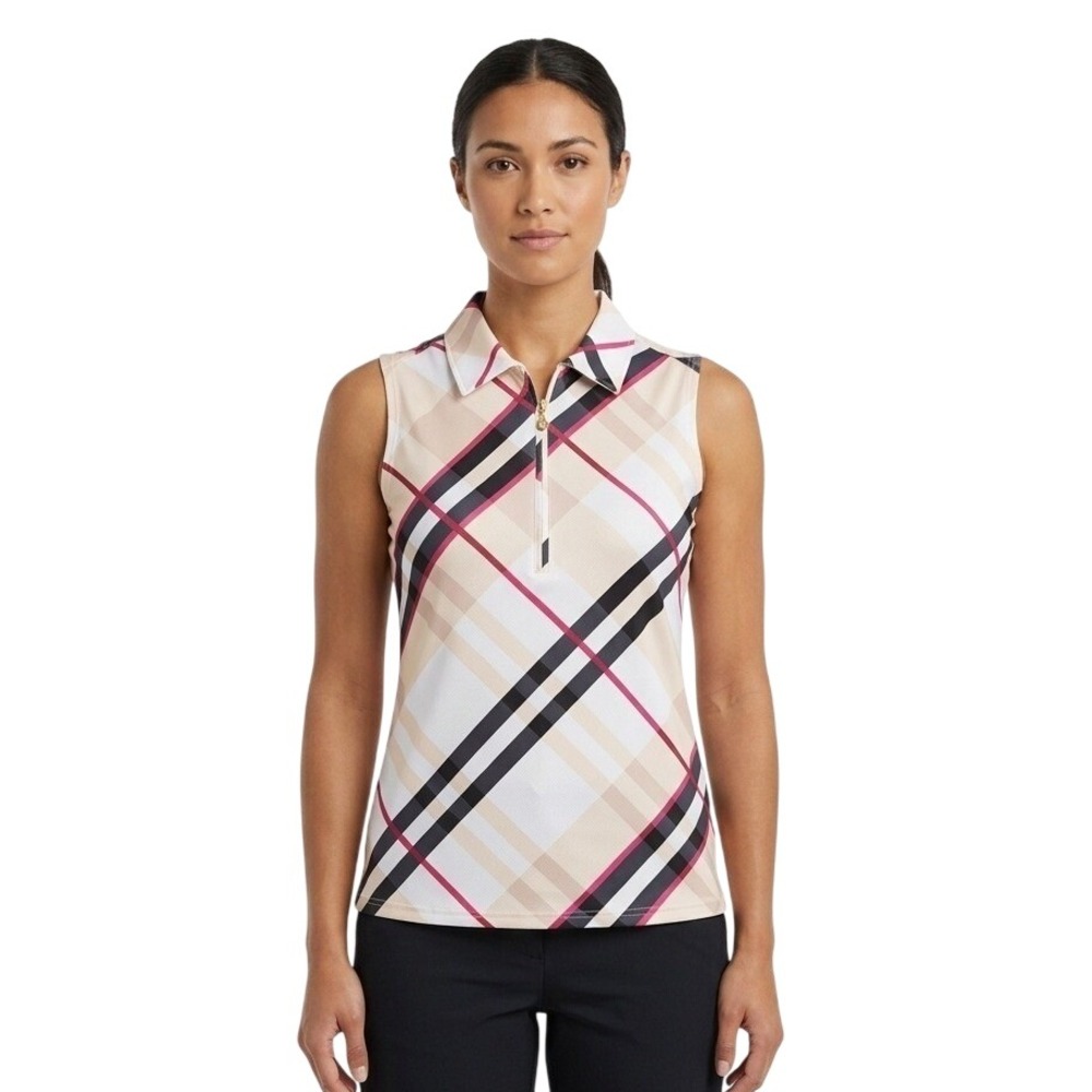 NWT SanSoleil Sleeveless Polo Women's Size Small Pink Plaid UV 50 Golf Top Shirt